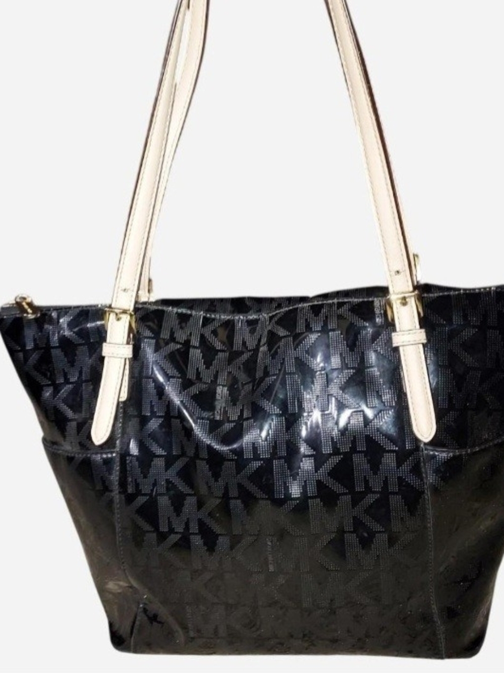 Michael Kors Black Patent Leather Signature MK Logo Jet Set Travel Tote